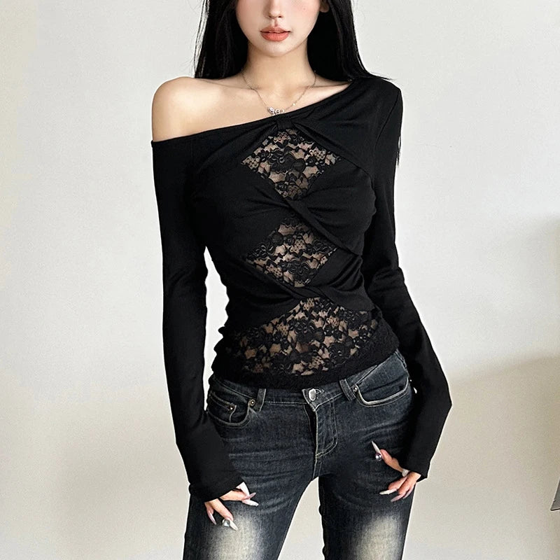 y2k Lace Top Women Coquette Clothing See Through Slash Neck One Shoulder Twist Front Long Sleeve T Shirt Streetwear