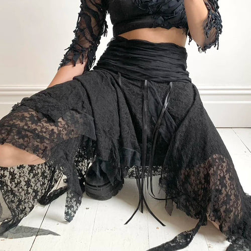 Load image into Gallery viewer, Streetwear Asymmetrical Slim Lace Skirt Female Folds Tie-Up Stitching Holidays Party Sexy Midi Skirt Fringe Clothing
