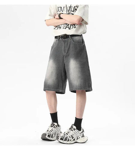 Men's Denim Shorts High Street New American Style Gradient Color Simple Distressed Trendy Straight Leg Male Clothing 9W1808