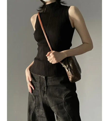 Knitted Woman Tshirts Turtleneck Sleeveless Tunic Y2k Tops 2024 Ropa Mujer Fashion Summer Tees Solid Color Korean Sexy T Shirt