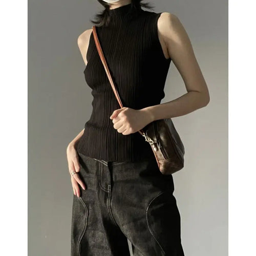 Load image into Gallery viewer, Knitted Woman Tshirts Turtleneck Sleeveless Tunic Y2k Tops 2024 Ropa Mujer Fashion Summer Tees Solid Color Korean Sexy T Shirt
