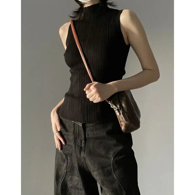 Knitted Woman Tshirts Turtleneck Sleeveless Tunic Y2k Tops 2024 Ropa Mujer Fashion Summer Tees Solid Color Korean Sexy T Shirt