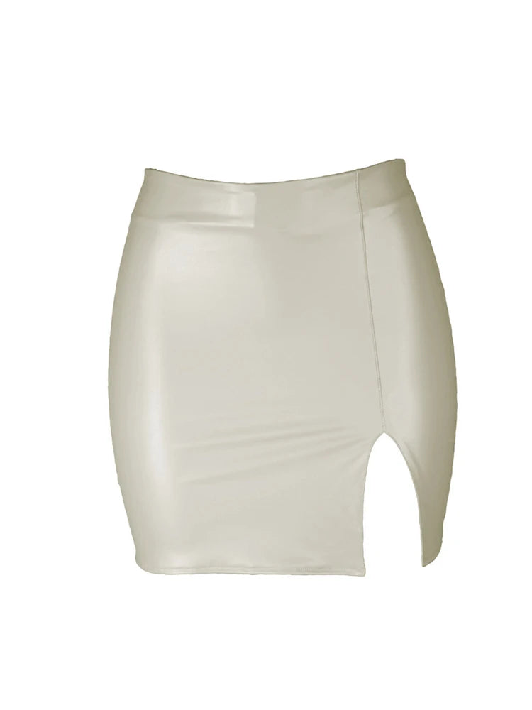 Women Leather Night Clubwear Skirts Summer Pure Color PU-leather Zipper Sexy Hip Leather Mini Skirts