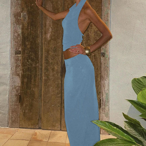 Load image into Gallery viewer, Hollow Simple 2 Piece Set Women Summer Halter Swing Collar Backless Crop Tops+Long Skirts Solid Vacation Matching Outfits
