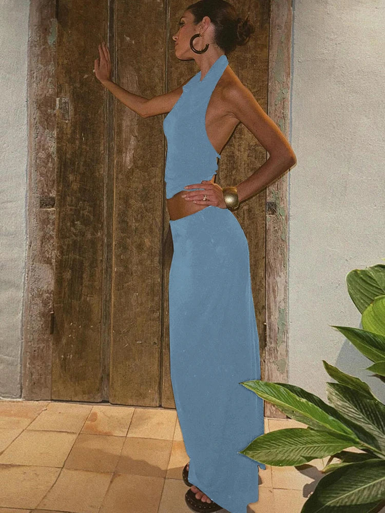 Hollow Simple 2 Piece Set Women Summer Halter Swing Collar Backless Crop Tops+Long Skirts Solid Vacation Matching Outfits