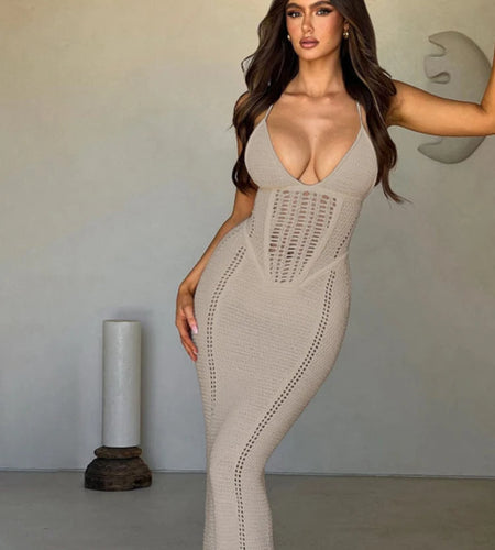 Knitted Solid V Neck Slips Backless Bandage Sexy Bodycon Maxi Dress Summer Women Fashion Outfits Beach Vacation
