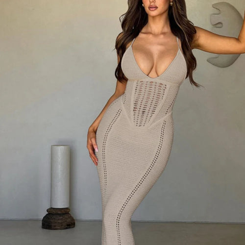 Load image into Gallery viewer, Knitted Solid V Neck Slips Backless Bandage Sexy Bodycon Maxi Dress Summer Women Fashion Outfits Beach Vacation

