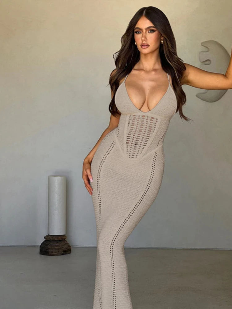 Knitted Solid V Neck Slips Backless Bandage Sexy Bodycon Maxi Dress Summer Women Fashion Outfits Beach Vacation