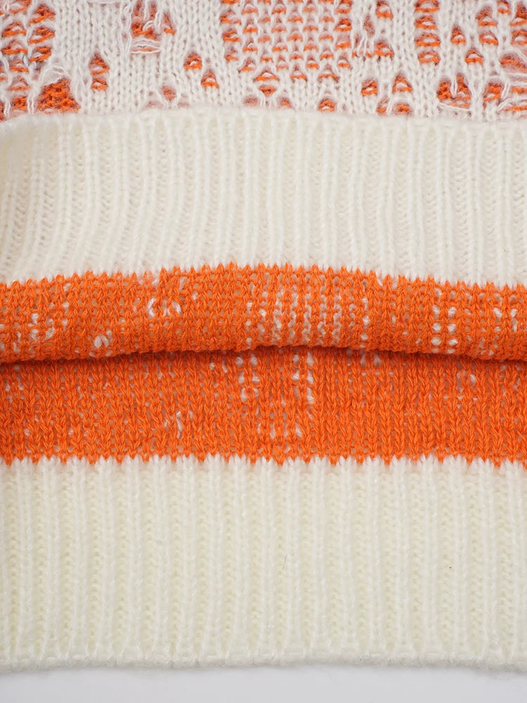 Orange Holes Big Size Knitting Sweater Round Neck Long Sleeve Women Pullovers New Fashion Tide Spring Autumn 2025 CPG2566