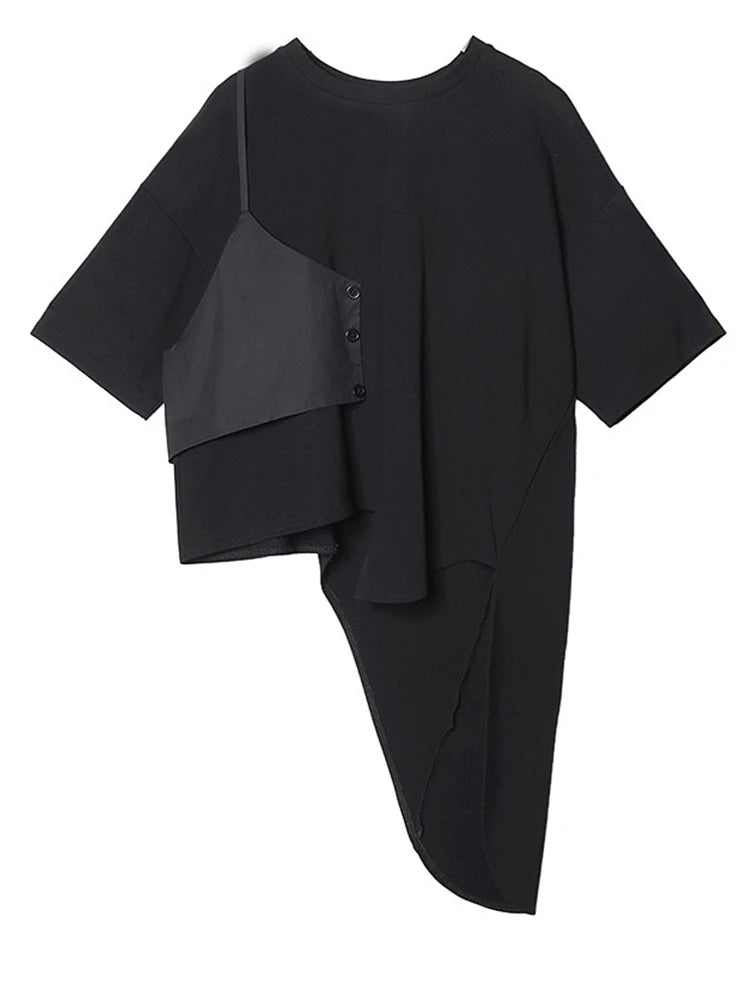 Black T-shirt Pleated Irregular Half-body Skirt Two Pieces Suit New Round Neck Women Fashion Spring Summer 2025 1DH5042