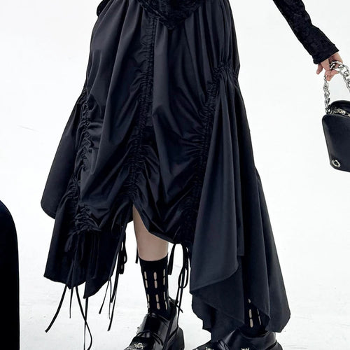 Load image into Gallery viewer, High Elastic Waist Black Irregular Hem Drawstring Half-body Skirt Women Fashion Tide New Spring Autumn 2025  1DJ0643
