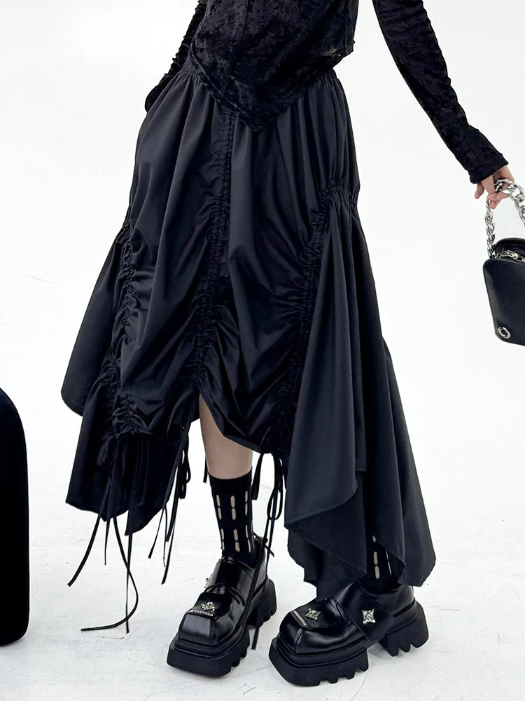 High Elastic Waist Black Irregular Hem Drawstring Half-body Skirt Women Fashion Tide New Spring Autumn 2025  1DJ0643