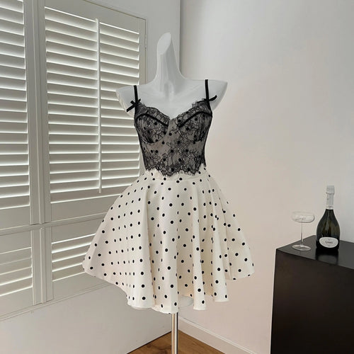 Load image into Gallery viewer, French Retro Women Black White Dot Patchwork Lace Elegant Sexy Backless Slip Short Dress 2025 Summer Sleeveless Slim Party Dress
