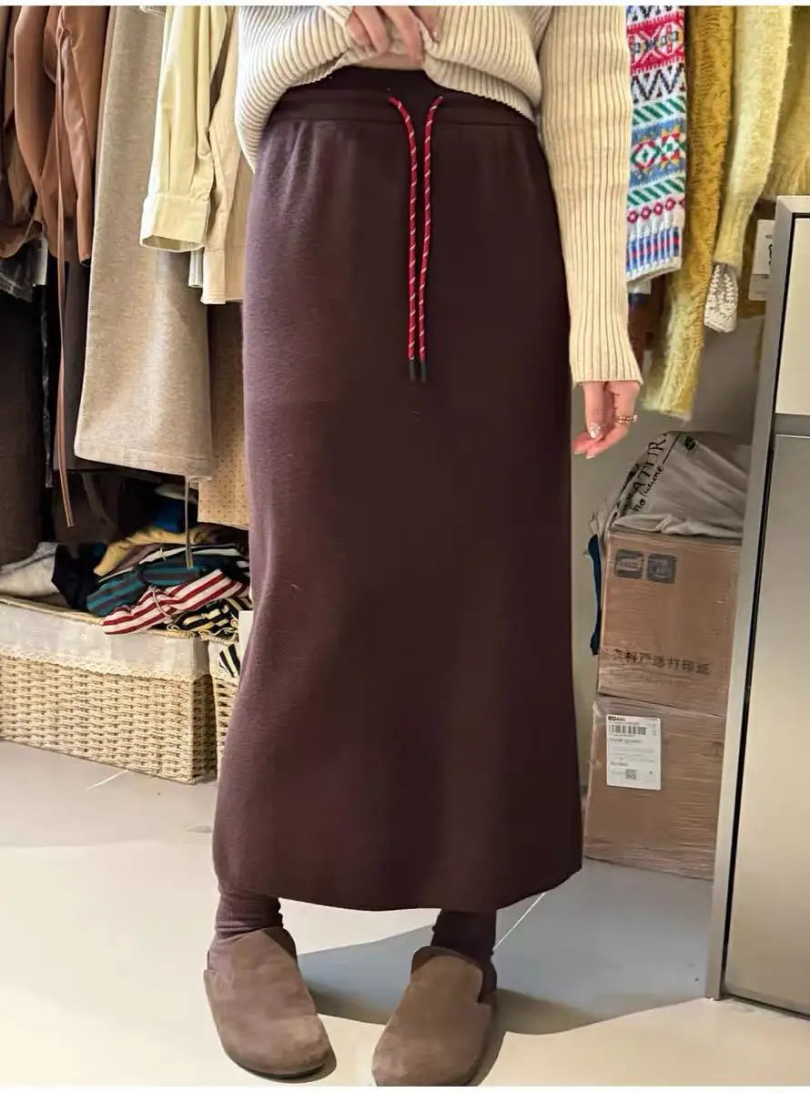 Korean Solid Drawstring Lace-up Elegant High Waist Long Skirt Women Versatile Split Skirt Streetwear 2024 Fashion Autumn Winter