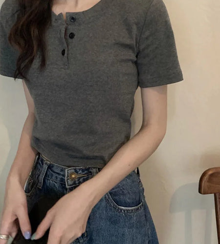 women t-shirt open button short Sleeve Crop Top Ladies Clothing 2024 Solid Basic T Shirt Casual Skinny White Slim Female Tops