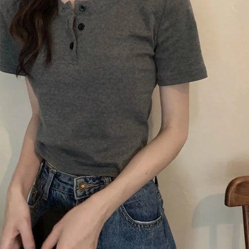 Load image into Gallery viewer, women t-shirt open button short Sleeve Crop Top Ladies Clothing 2024 Solid Basic T Shirt Casual Skinny White Slim Female Tops
