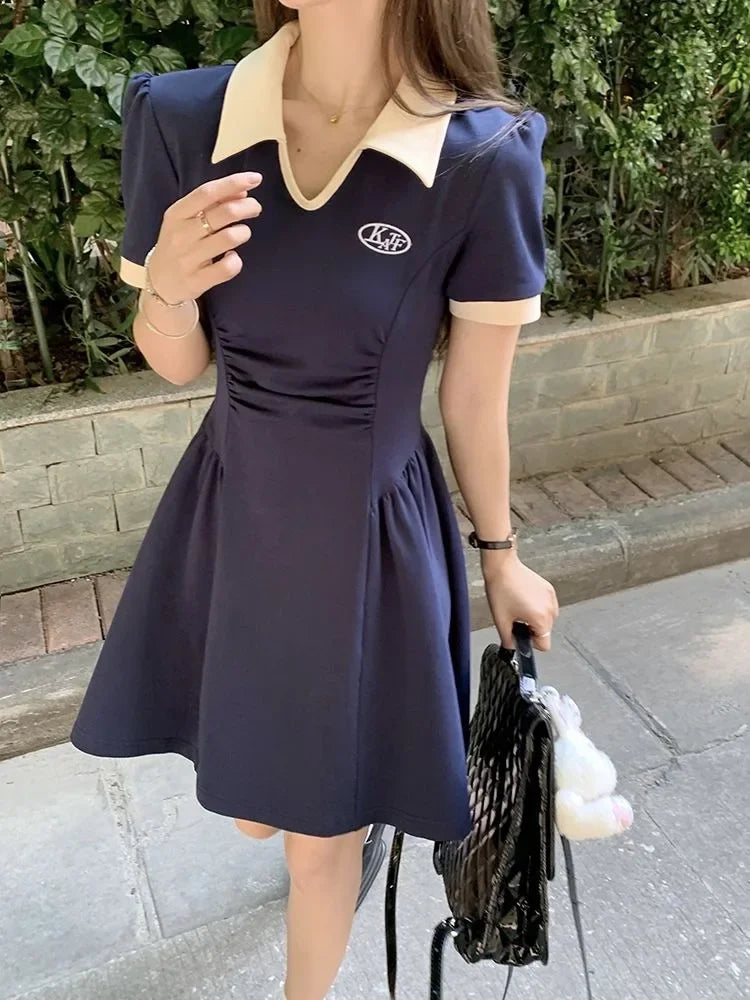 Preppy Style School Student Dress Women Sweet Vintage College Polo Long Dresses Autumn Korean Fashion New in Kpop