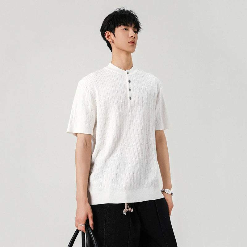 Men's T-shirts New Summer Fashion Male Multi Buttons Solid Color Round Neck Shourt Sleeves Trendy Clothing 2025 9W1385