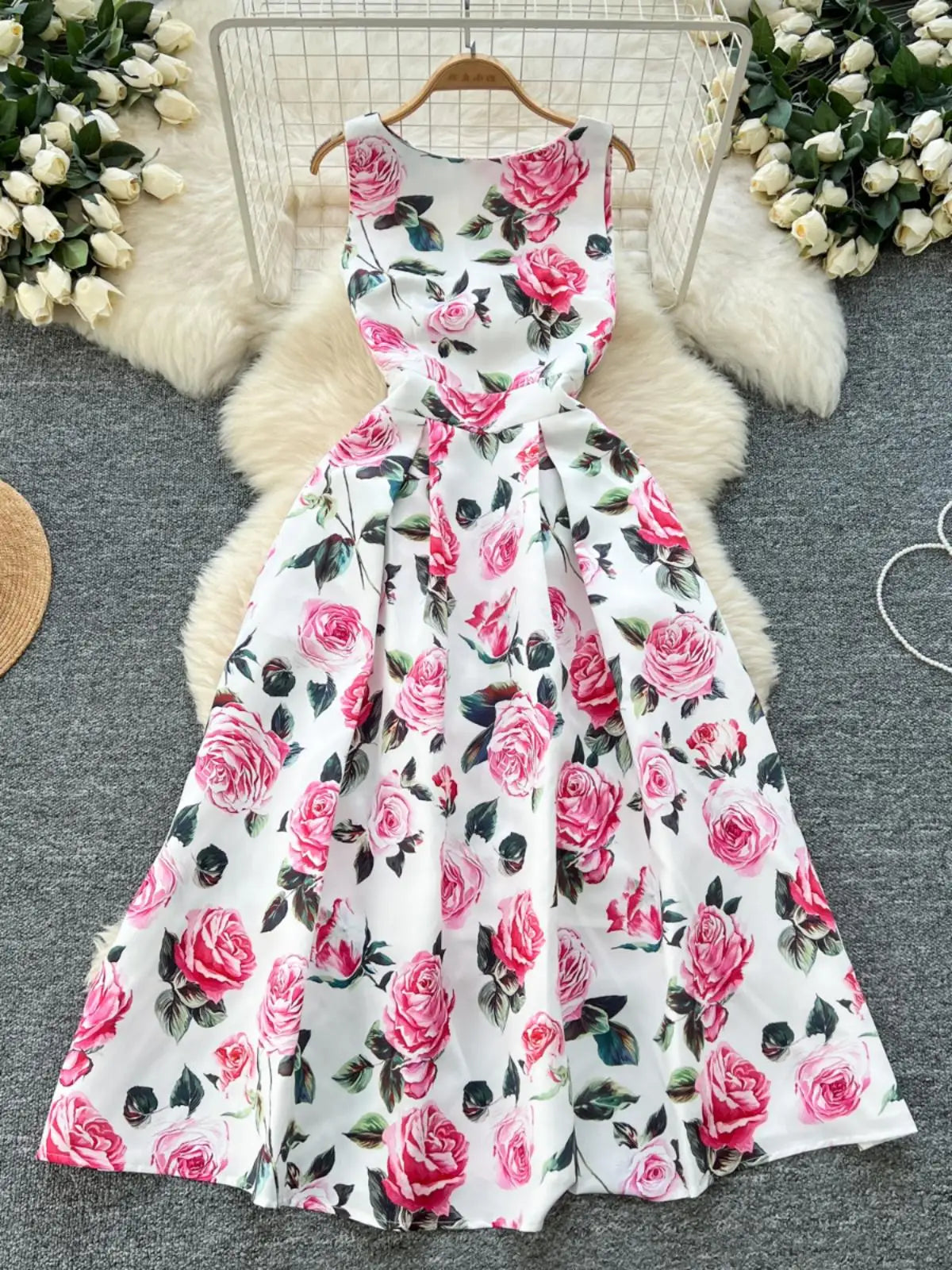Women White Pink Flower Elegant Vest Long Dress 2025 Summer New Retro Sleeveless Fashion High Waist Pleated Dress Bohemian Trend