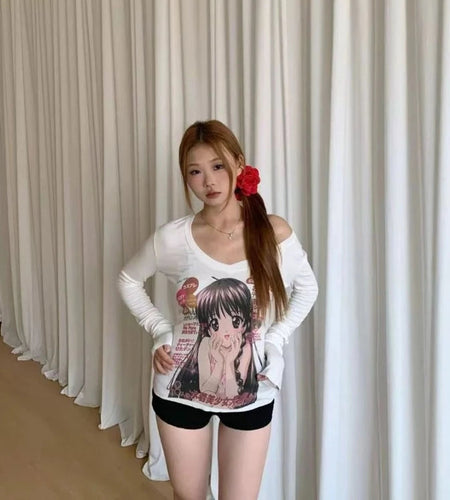 Japanese Woman Tshirts V-neck Long Sleeve Tunic Tees Anime Print Fashion T Shirt Y2kl Tops Casual Cute T Shirt 2025 Ropa Mujer
