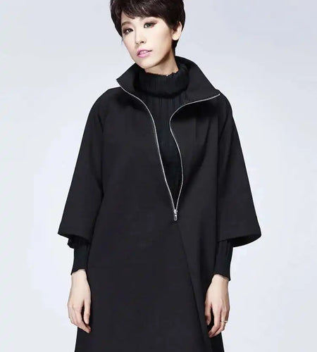 Women Black Zipper Casual Big Size Dress New Turtleneck Three-quarter Sleeve Loose Fit Fashion Spring Autumn 2025 1DF4717