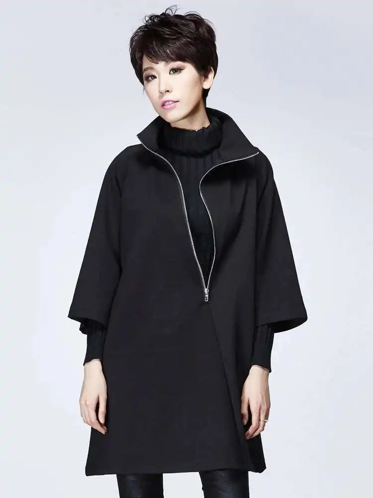 Women Black Zipper Casual Big Size Dress New Turtleneck Three-quarter Sleeve Loose Fit Fashion Spring Autumn 2025 1DF4717