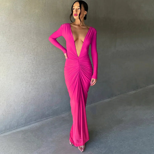 Load image into Gallery viewer, Deep V Neck Ruched Maxi Dress Women Gown Autumn New Long Sleeve Backless Bodycon Sexy Party Evening Dress Vestidos
