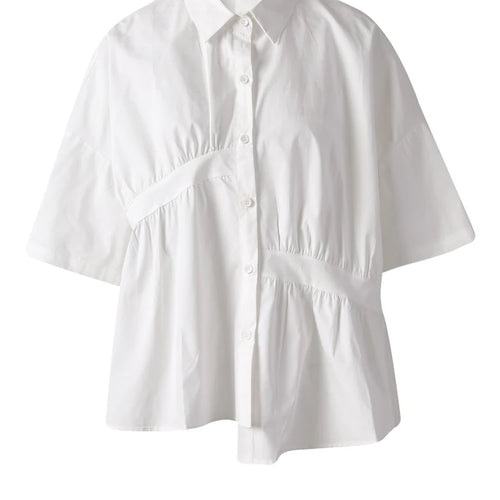 Load image into Gallery viewer, Women Black Irregular Pleated Big Size Casual Blouse New Lapel Short Sleeve Shirt Fashion Tide Spring Summer 2025 CPG3167
