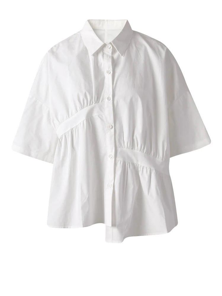 Women Black Irregular Pleated Big Size Casual Blouse New Lapel Short Sleeve Shirt Fashion Tide Spring Summer 2025 CPG3167