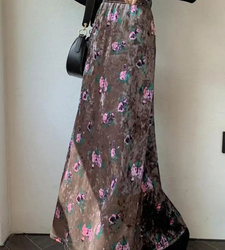 Retro Brown Floral Elegant Party Long Skirt Black Print Elastic High Waist Velvet Skirts Autumn Winter All-match Fashion Women