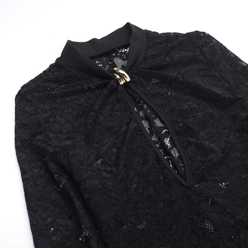 Lace Hollow Out Sexy Maxi Dress For Women Fashion Long Sleeve Thigh High Split Bodycon Club Evening Long Dress Elegant