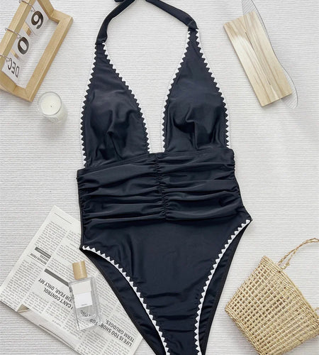 Deep V Neck Halter One Piece Swimsuit 2024 Swimwear for Women Sexy Patchwork Bathing Suit High Waist Monokini