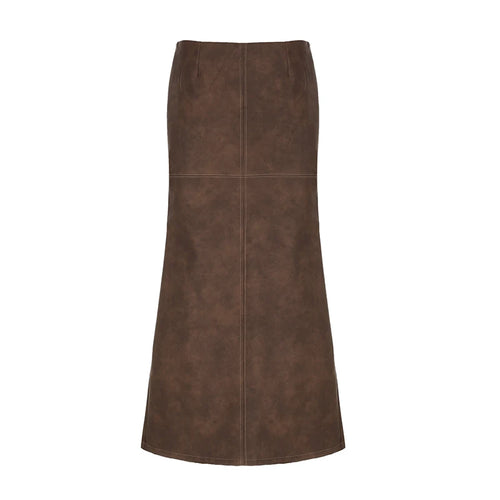 Load image into Gallery viewer, Fashion Brown Elegant Low Rise Leather Skirt Women Streetwear Clubwear Party Long Skirt Slit Autumn Vintage Clothing
