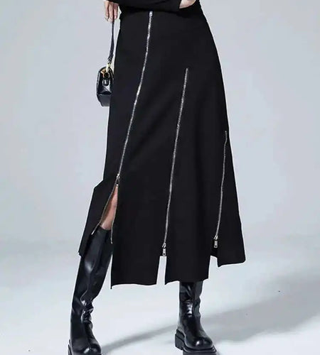High Waist Black Zipper Irregular Design Long Casual Half-body Skirt Women Fashion Tide New Spring Autumn 2025 1DF0628