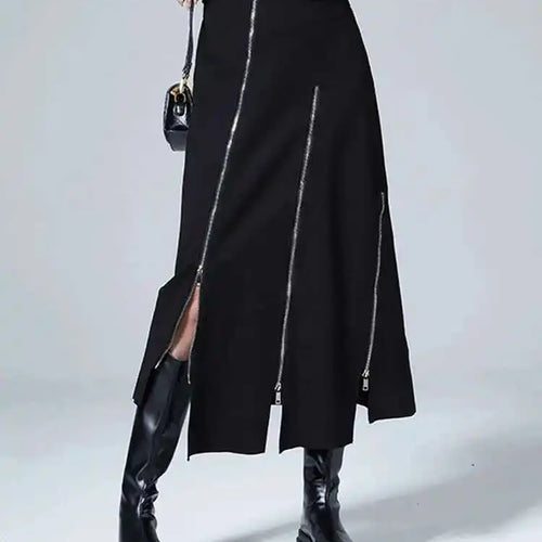 Load image into Gallery viewer, High Waist Black Zipper Irregular Design Long Casual Half-body Skirt Women Fashion Tide New Spring Autumn 2025 1DF0628

