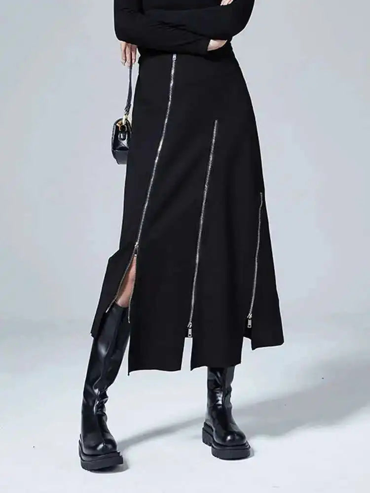 High Waist Black Zipper Irregular Design Long Casual Half-body Skirt Women Fashion Tide New Spring Autumn 2025 1DF0628