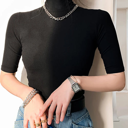 Load image into Gallery viewer, Basic Cotton T Shirt Women Turtleneck Slim Tshirt Short Sleeve T-shirts Female Casual Elasticity White Tee Shirt Femme Woman Top
