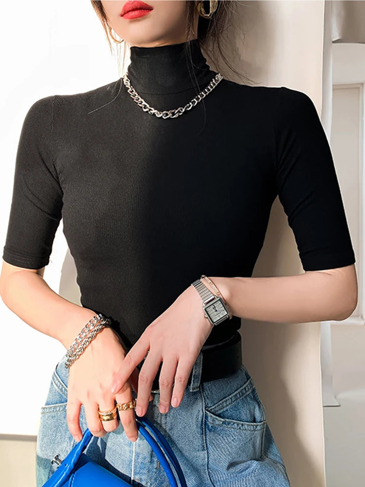 Basic Cotton T Shirt Women Turtleneck Slim Tshirt Short Sleeve T-shirts Female Casual Elasticity White Tee Shirt Femme Woman Top