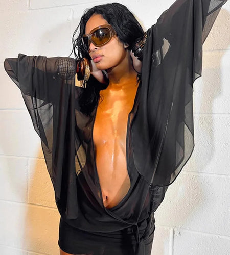 Mesh See Through Sexy Mini Dress For Women Black Sheer Mesh Deep V Neck Long Sleeve Backless Draped Ruched Dress