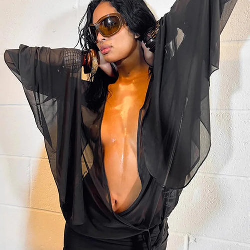 Load image into Gallery viewer, Mesh See Through Sexy Mini Dress For Women Black Sheer Mesh Deep V Neck Long Sleeve Backless Draped Ruched Dress
