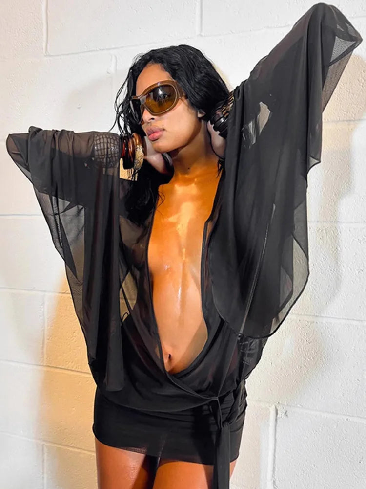 Mesh See Through Sexy Mini Dress For Women Black Sheer Mesh Deep V Neck Long Sleeve Backless Draped Ruched Dress
