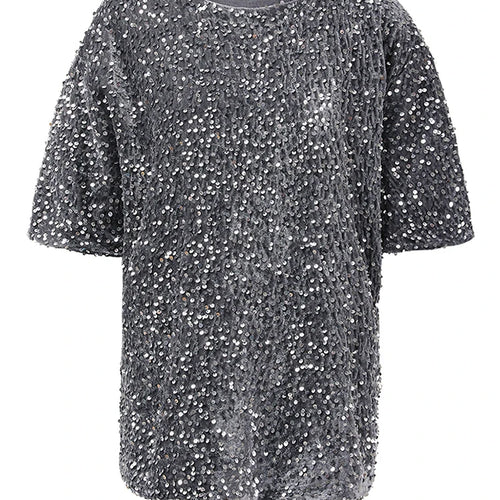 Load image into Gallery viewer, Women Gray Sequins Shining Big Size Casual T-shirt New Round Neck Short Sleeve Fashion Tide Spring Summer 2025 CPG1449
