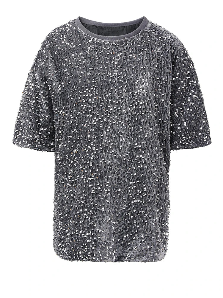 Women Gray Sequins Shining Big Size Casual T-shirt New Round Neck Short Sleeve Fashion Tide Spring Summer 2025 CPG1449