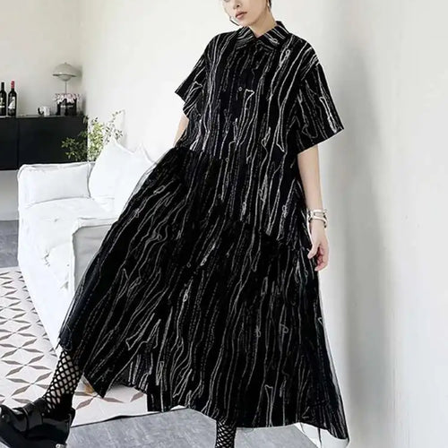 Load image into Gallery viewer, Women Black White Tie Dye Mesh Big Size Midi Shirt Dress New Lapel Short Sleeve Fashion Tide Spring Summer 2025 1DH5962
