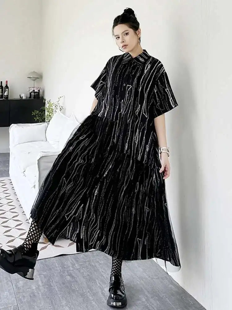 Women Black White Tie Dye Mesh Big Size Midi Shirt Dress New Lapel Short Sleeve Fashion Tide Spring Summer 2025 1DH5962