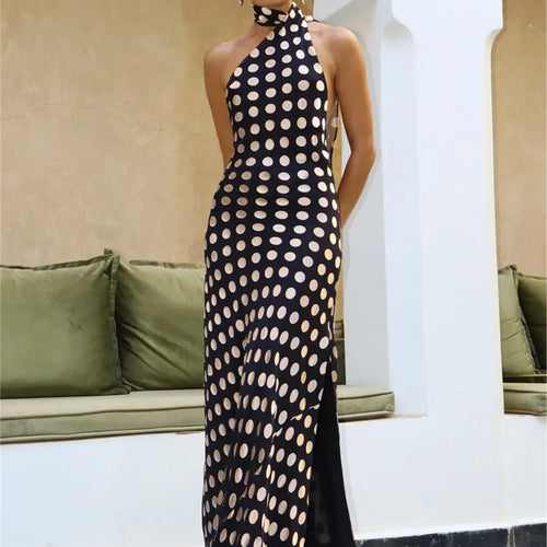 Load image into Gallery viewer, Round Plaid Printed Maxi Dress For Women Gown Halter Off-shoulder Sleeveless Backless Evening Club Long Dress Elegant
