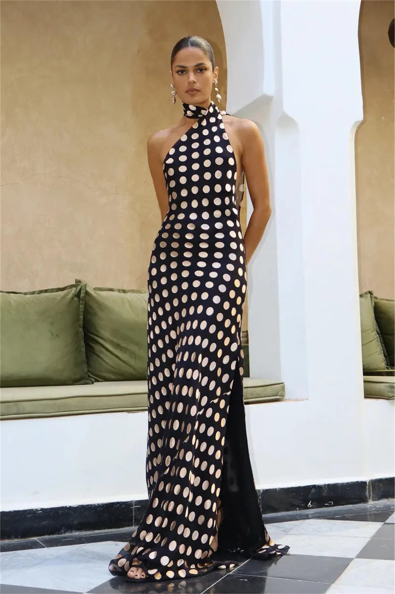 Round Plaid Printed Maxi Dress For Women Gown Halter Off-shoulder Sleeveless Backless Evening Club Long Dress Elegant