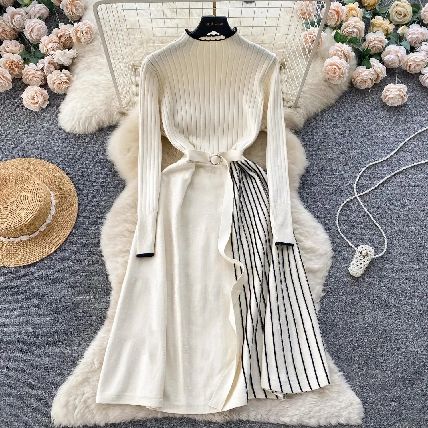 Autumn Fashion New Knitted Straight Patchwork Party Long Dress Korean Women's Half High Neck Elegant Casual Sweater Warm Dresses