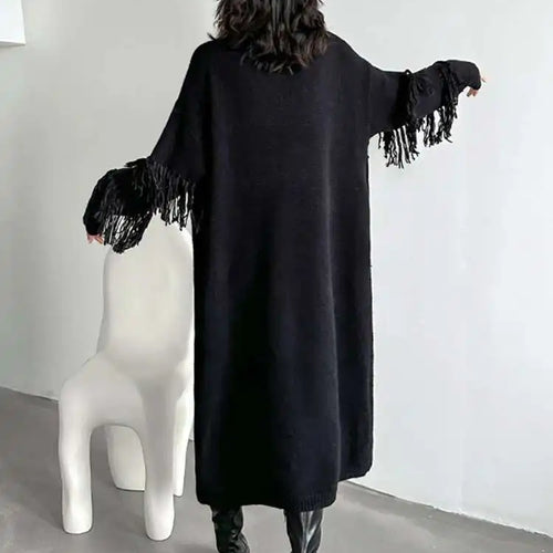 Load image into Gallery viewer, Women Black Tassels Knitting Big Size Midi Dress New Turtleneck Long Sleeve Loose Fit Fashion Spring Autumn 2025 1DH1601
