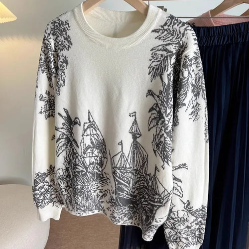 Load image into Gallery viewer, Fall Winter Women Casual Style Pattern Printing Pullover Sweater Classic Crew Neck Knit Tops C-069
